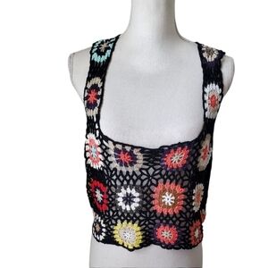 SHEIN Curve Sleeveless Black Multicolor Boho Granny Square Crochet Vest Size 2XL